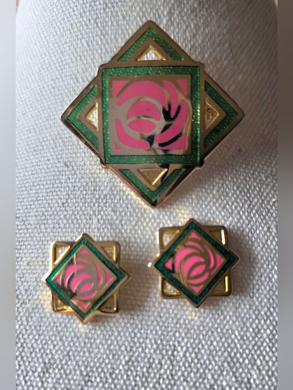 Vintage Cloisonné style enamel geometric Mackintosh-style rose design
